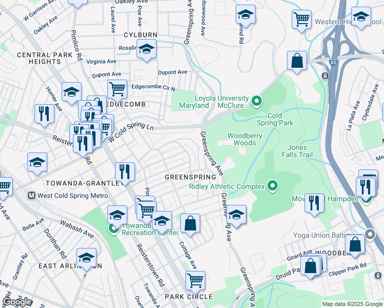 map of restaurants, bars, coffee shops, grocery stores, and more near 4207 Roland View Avenue in Baltimore