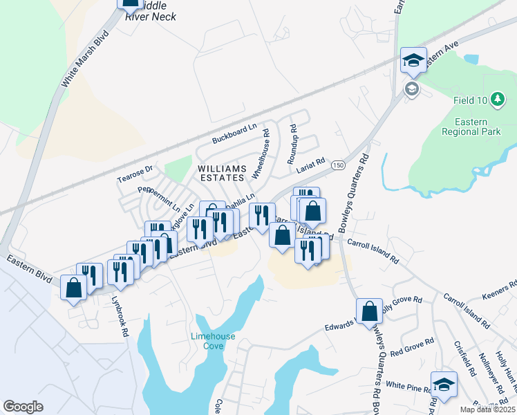 map of restaurants, bars, coffee shops, grocery stores, and more near 133 Day Coach Circle in Middle River