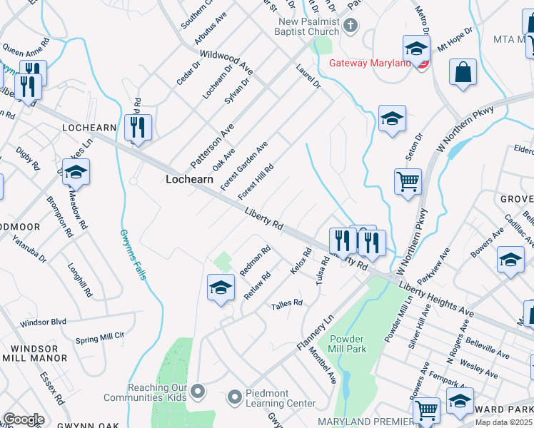 map of restaurants, bars, coffee shops, grocery stores, and more near 6304 Liberty Road in Lochearn