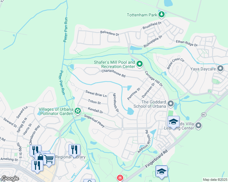 map of restaurants, bars, coffee shops, grocery stores, and more near 3753 Spicebush Drive in Frederick
