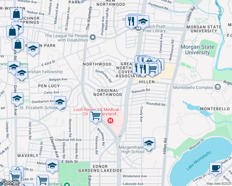 map of restaurants, bars, coffee shops, grocery stores, and more near 4010 Roundtop Road in Baltimore
