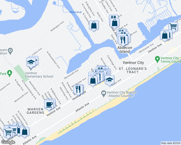 map of restaurants, bars, coffee shops, grocery stores, and more near 101 North Bryant Avenue in Ventnor City