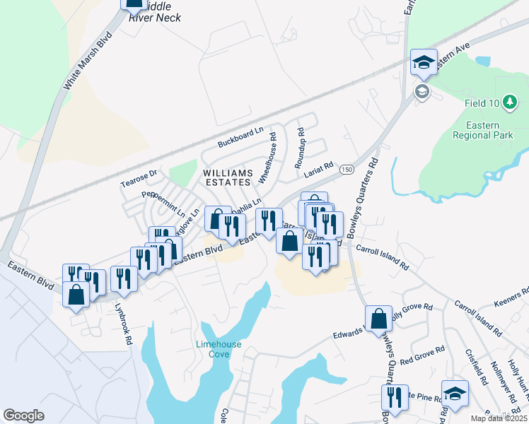 map of restaurants, bars, coffee shops, grocery stores, and more near 133 Day Coach Circle in Middle River