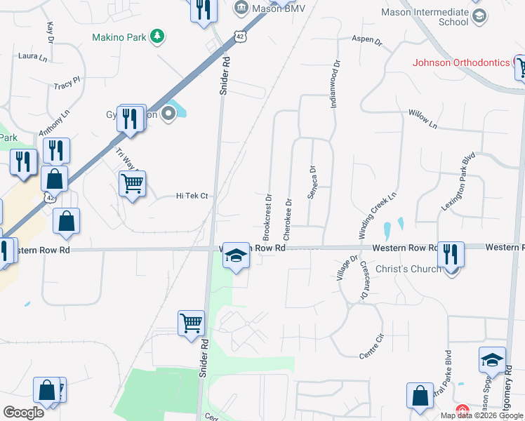 map of restaurants, bars, coffee shops, grocery stores, and more near 1029 Brookcrest Drive in Mason