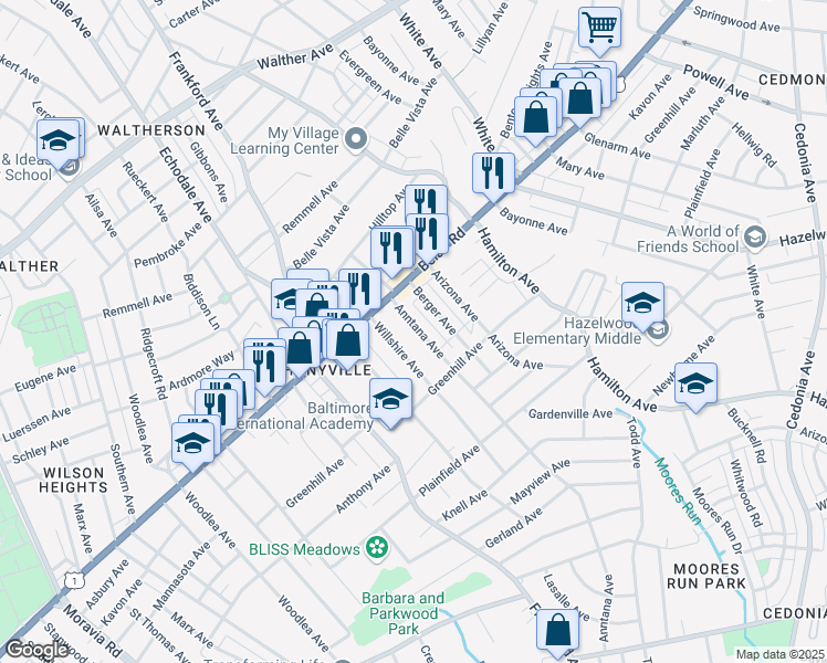 map of restaurants, bars, coffee shops, grocery stores, and more near 4213 Anntana Avenue in Baltimore