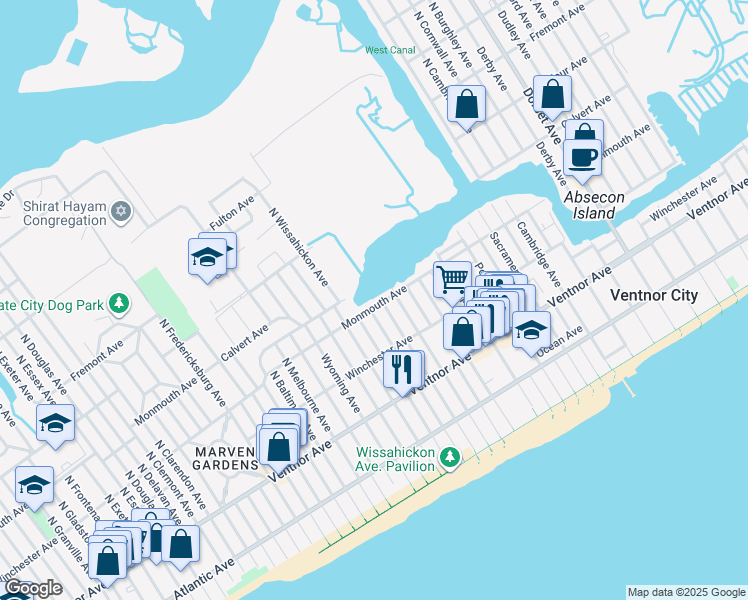 map of restaurants, bars, coffee shops, grocery stores, and more near 6715 Monmouth Avenue in Ventnor City