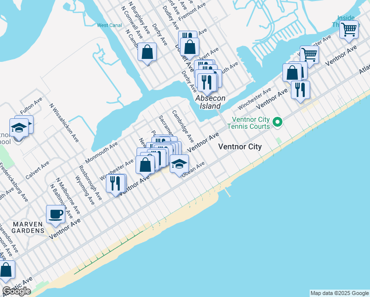 map of restaurants, bars, coffee shops, grocery stores, and more near 6215 Ventnor Avenue in Ventnor City