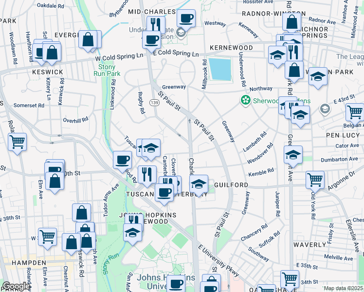 map of restaurants, bars, coffee shops, grocery stores, and more near 4100 North Charles Street in Baltimore