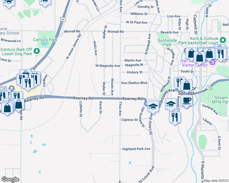 map of restaurants, bars, coffee shops, grocery stores, and more near 107 Woods Avenue in Excelsior Springs