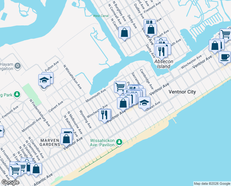 map of restaurants, bars, coffee shops, grocery stores, and more near 105 North New Haven Avenue in Ventnor City