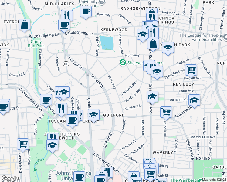 map of restaurants, bars, coffee shops, grocery stores, and more near 4014 Greenway in Baltimore