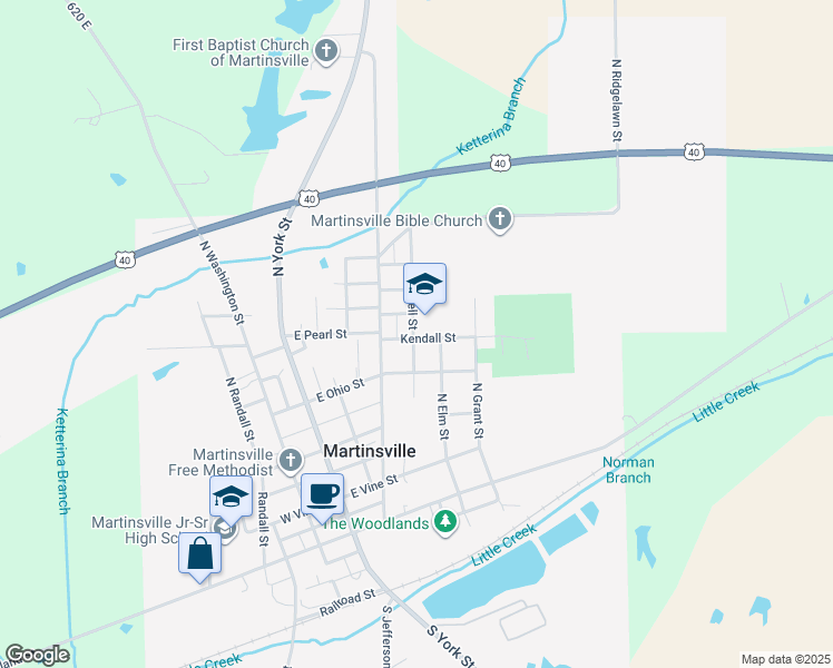 map of restaurants, bars, coffee shops, grocery stores, and more near 410 Kendall Street in Martinsville