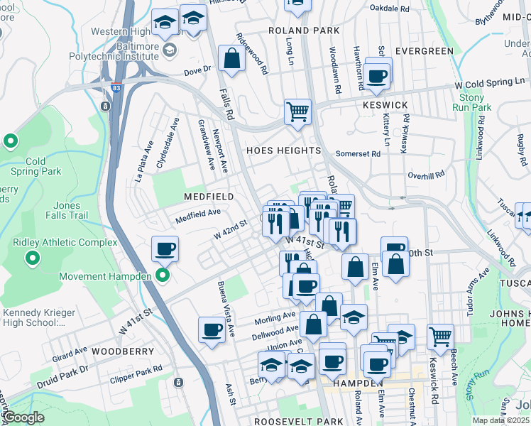 map of restaurants, bars, coffee shops, grocery stores, and more near 4205 Falls Road in Baltimore