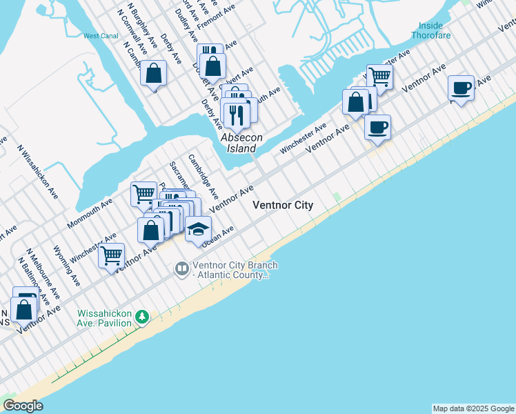 map of restaurants, bars, coffee shops, grocery stores, and more near 14 South Derby Avenue in Ventnor City