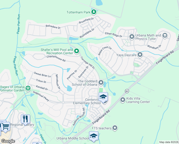 map of restaurants, bars, coffee shops, grocery stores, and more near 9449 Dunraven Street in Frederick