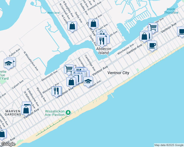 map of restaurants, bars, coffee shops, grocery stores, and more near 6215 Ventnor Avenue in Ventnor City