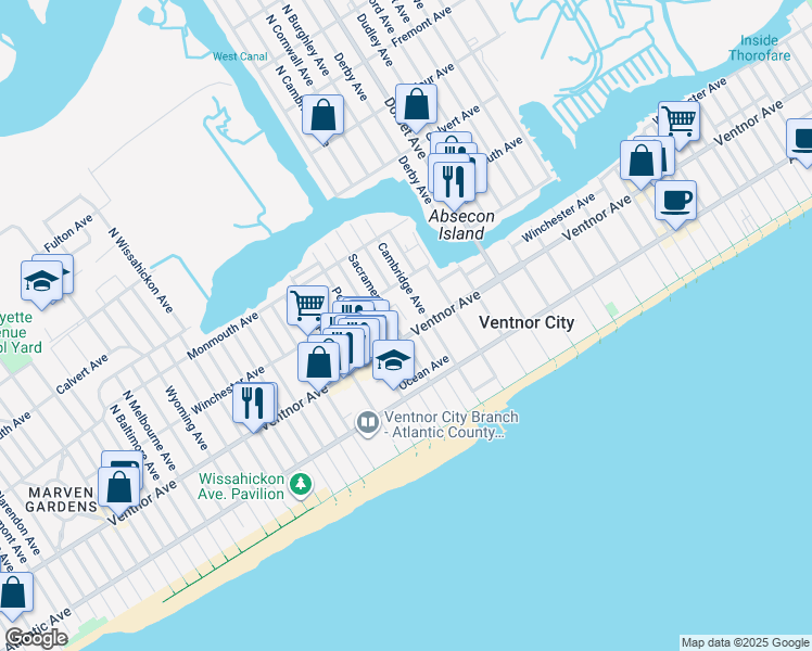 map of restaurants, bars, coffee shops, grocery stores, and more near 6215 Ventnor Avenue in Ventnor City