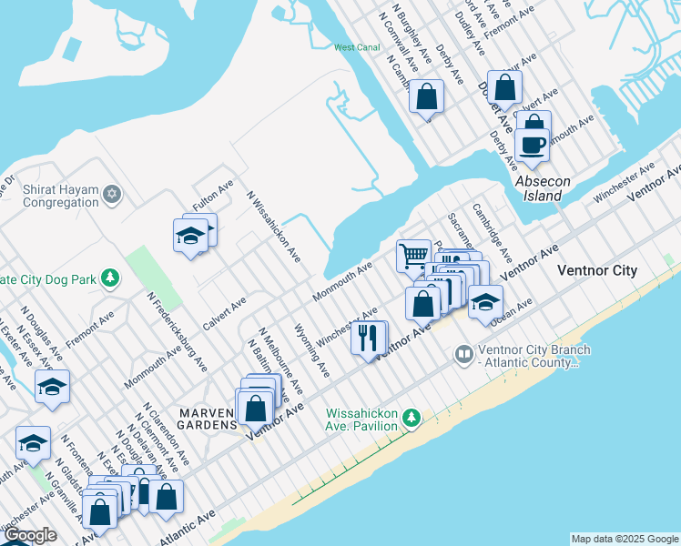 map of restaurants, bars, coffee shops, grocery stores, and more near 6715 Monmouth Avenue in Ventnor City