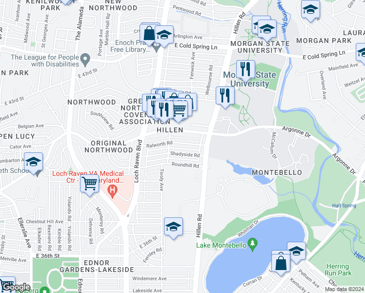 map of restaurants, bars, coffee shops, grocery stores, and more near 1625 Ralworth Road in Baltimore