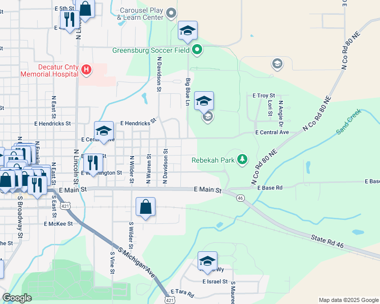 map of restaurants, bars, coffee shops, grocery stores, and more near 1006 East North Street in Greensburg