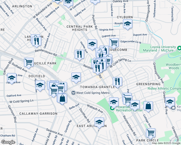 map of restaurants, bars, coffee shops, grocery stores, and more near 4416 Towanda Avenue in Baltimore