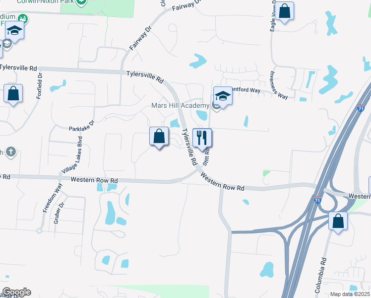 map of restaurants, bars, coffee shops, grocery stores, and more near 4000 Luxottica Place in Mason