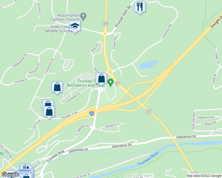map of restaurants, bars, coffee shops, grocery stores, and more near 8924 Donner Pass Road in Truckee