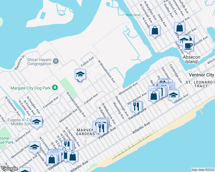 map of restaurants, bars, coffee shops, grocery stores, and more near 217 North Rosborough Avenue in Ventnor City