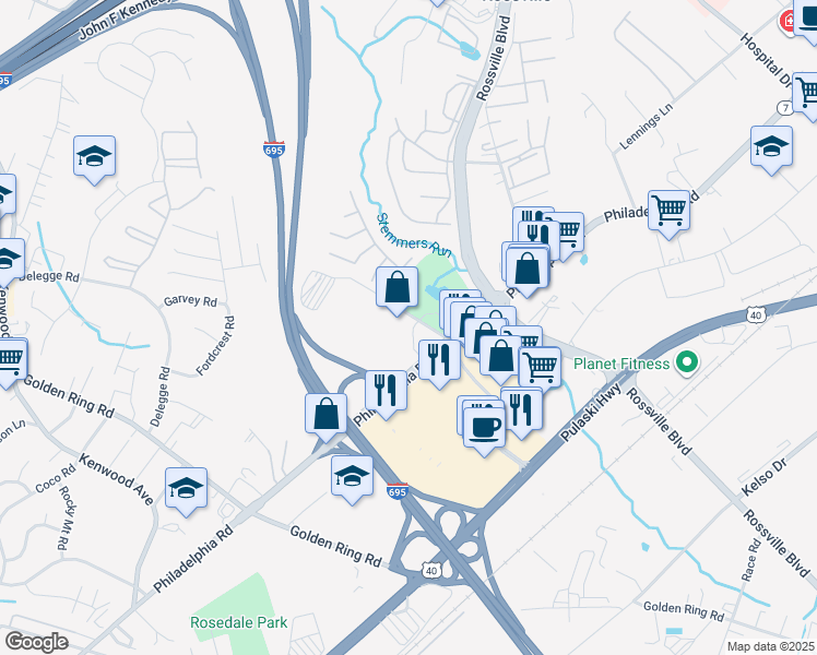 map of restaurants, bars, coffee shops, grocery stores, and more near 17 Fontana Lane in Rosedale