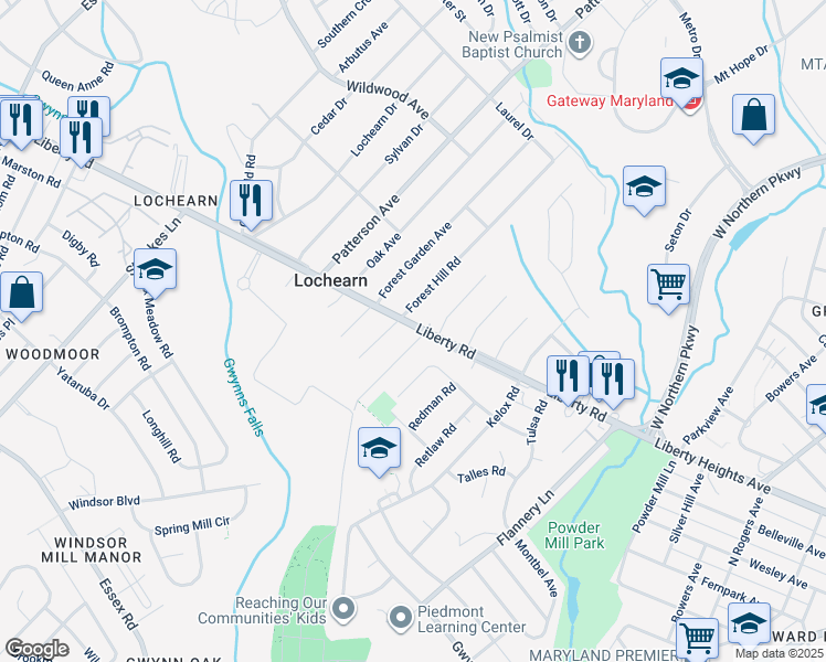 map of restaurants, bars, coffee shops, grocery stores, and more near 6403 Liberty Road in Baltimore