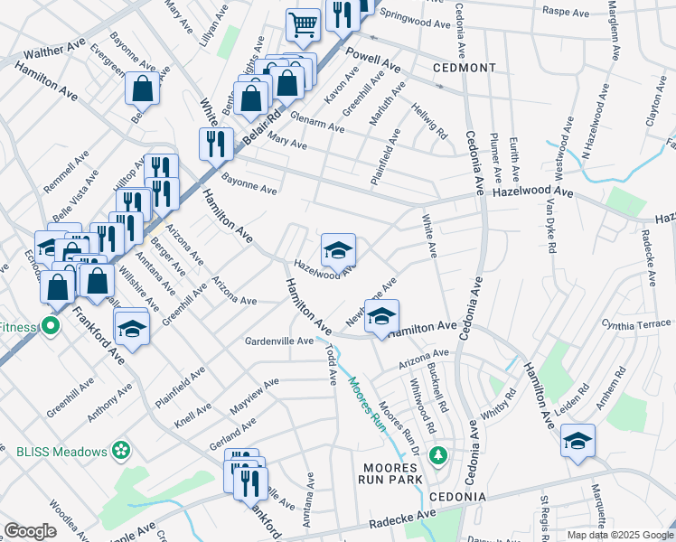 map of restaurants, bars, coffee shops, grocery stores, and more near 4524 Hazelwood Avenue in Baltimore