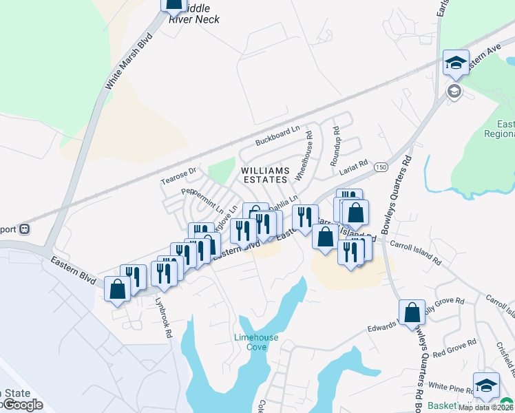 map of restaurants, bars, coffee shops, grocery stores, and more near 100 Covered Wagon Road in Middle River