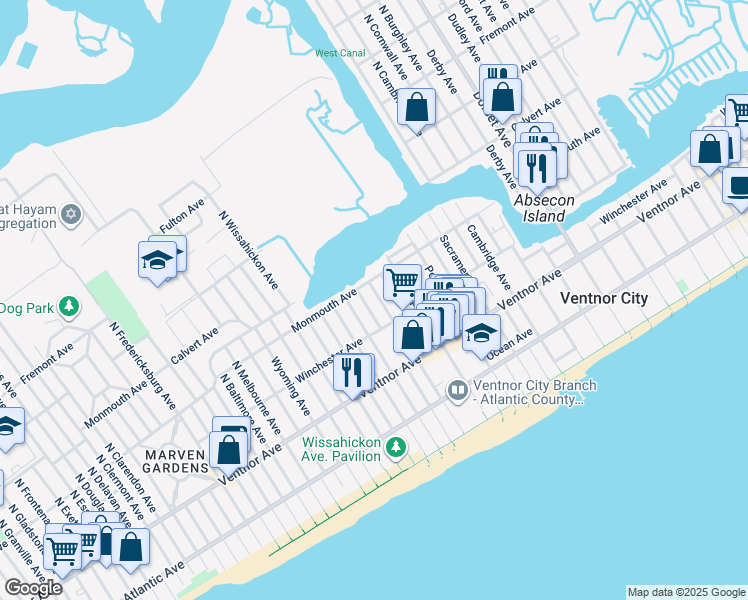 map of restaurants, bars, coffee shops, grocery stores, and more near 105 North New Haven Avenue in Ventnor City