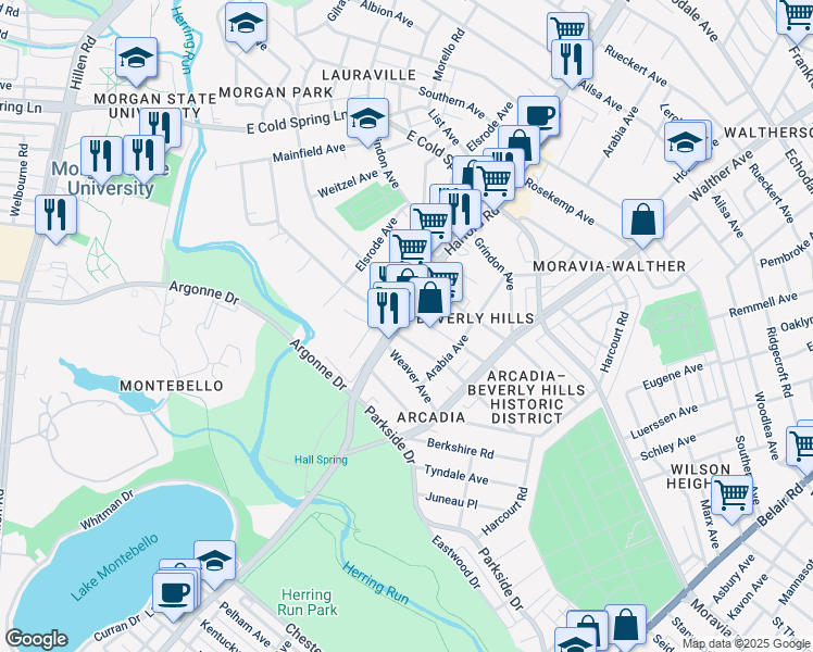map of restaurants, bars, coffee shops, grocery stores, and more near 4327 Harford Road in Baltimore
