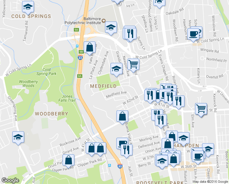 map of restaurants, bars, coffee shops, grocery stores, and more near 1436 Medfield Avenue in Baltimore