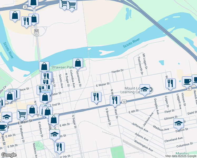 map of restaurants, bars, coffee shops, grocery stores, and more near 150 North Brownell Street in Chillicothe