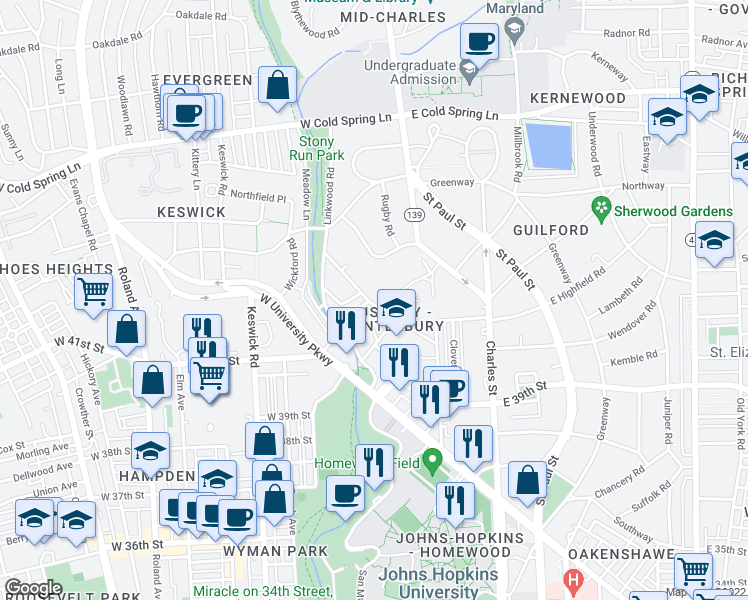 map of restaurants, bars, coffee shops, grocery stores, and more near 204 Tuscany Road in Baltimore