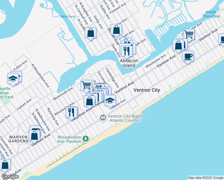 map of restaurants, bars, coffee shops, grocery stores, and more near 6215 Ventnor Avenue in Ventnor City