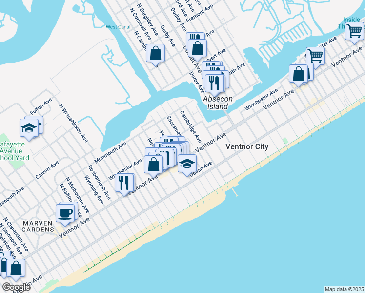 map of restaurants, bars, coffee shops, grocery stores, and more near in Ventnor City