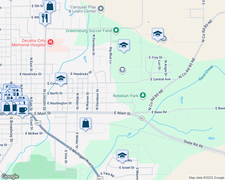 map of restaurants, bars, coffee shops, grocery stores, and more near 1006 East North Street in Greensburg