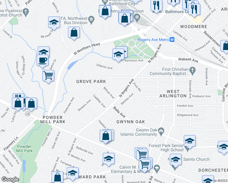 map of restaurants, bars, coffee shops, grocery stores, and more near 4018 North Rogers Avenue in Baltimore