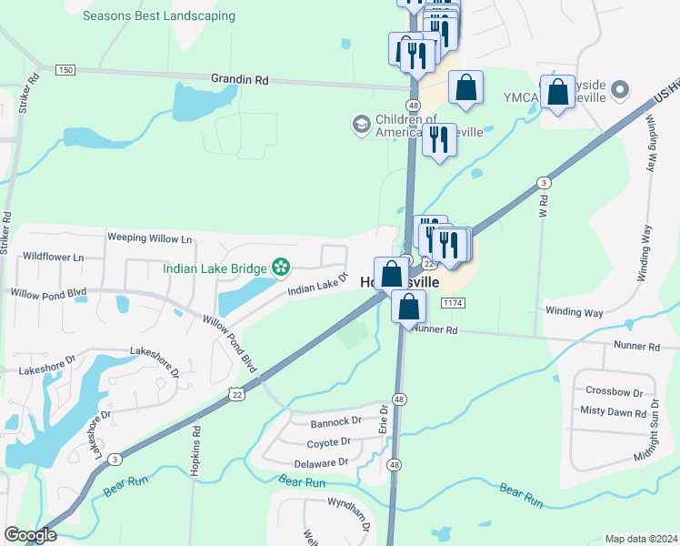 map of restaurants, bars, coffee shops, grocery stores, and more near 328 Indian Lake Drive in Maineville