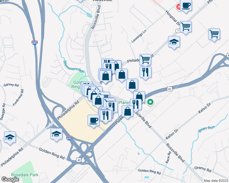 map of restaurants, bars, coffee shops, grocery stores, and more near 1236 Race Road in Rosedale