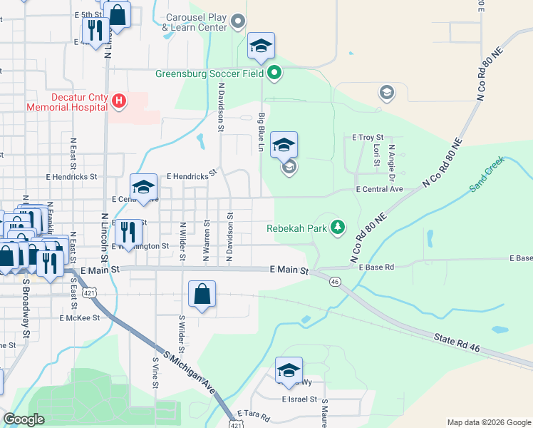 map of restaurants, bars, coffee shops, grocery stores, and more near 1006 East North Street in Greensburg