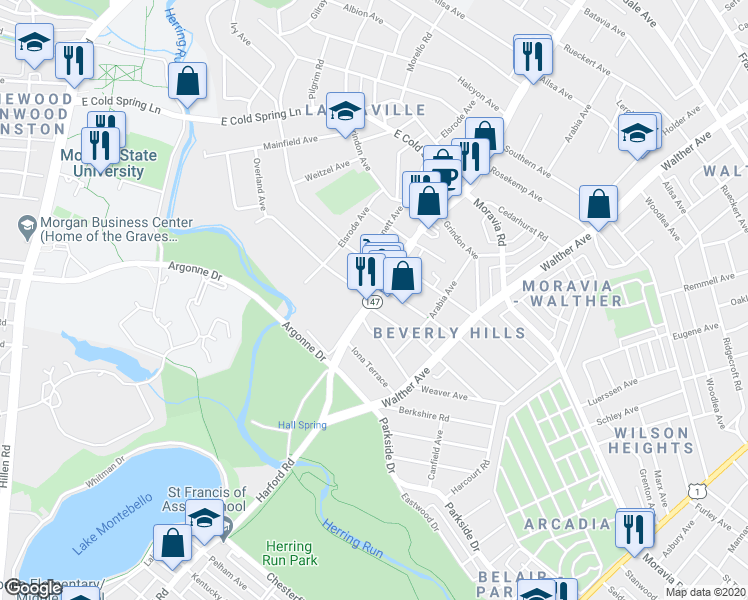 map of restaurants, bars, coffee shops, grocery stores, and more near Harford Rd & Overland Ave in Baltimore