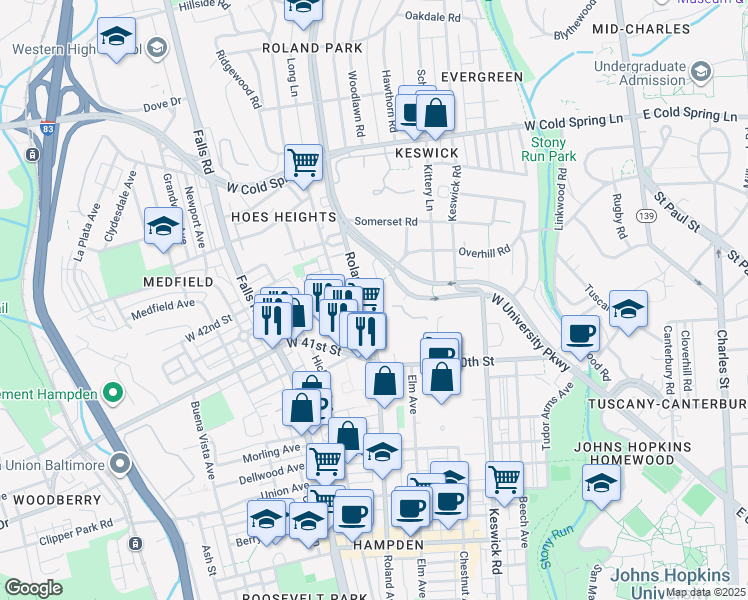 map of restaurants, bars, coffee shops, grocery stores, and more near 4121 Roland Avenue in Baltimore