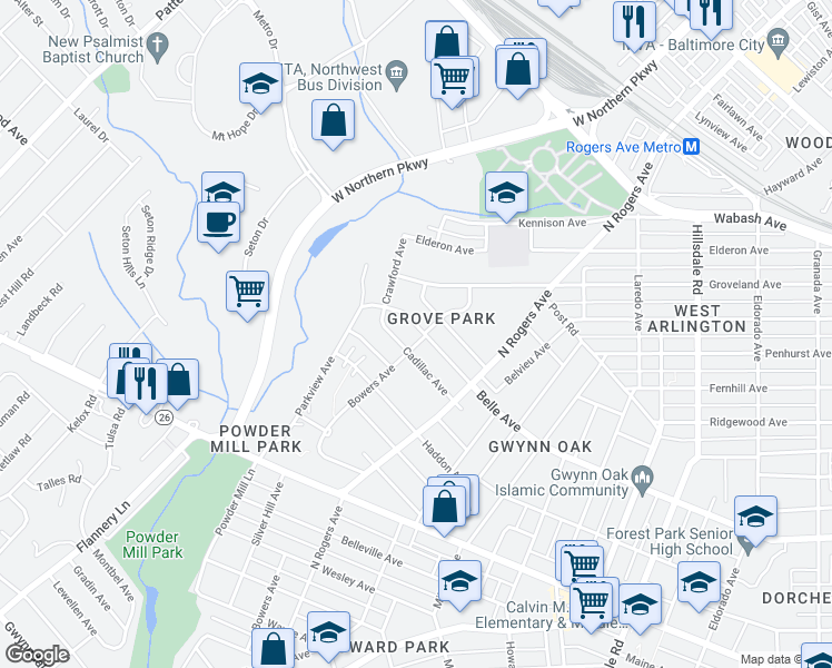 map of restaurants, bars, coffee shops, grocery stores, and more near 5603 Belle Avenue in Baltimore