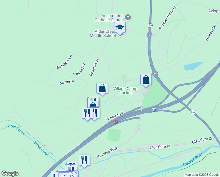 map of restaurants, bars, coffee shops, grocery stores, and more near 10100 Pioneer Trail in Truckee