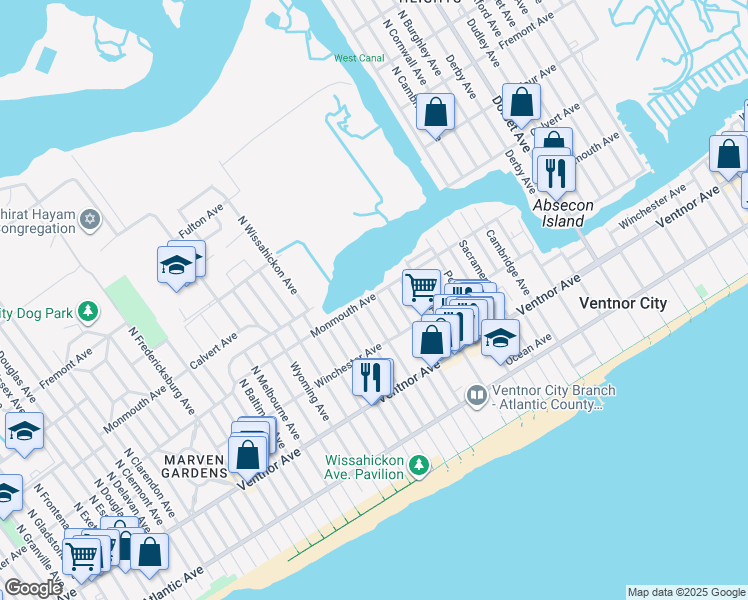map of restaurants, bars, coffee shops, grocery stores, and more near 123 North Troy Avenue in Ventnor City