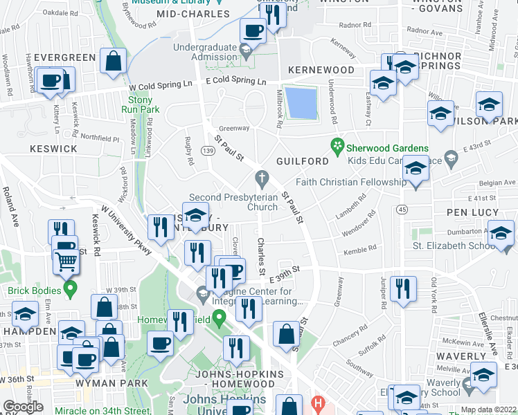 map of restaurants, bars, coffee shops, grocery stores, and more near N Charles St & Stratford Rd in Baltimore